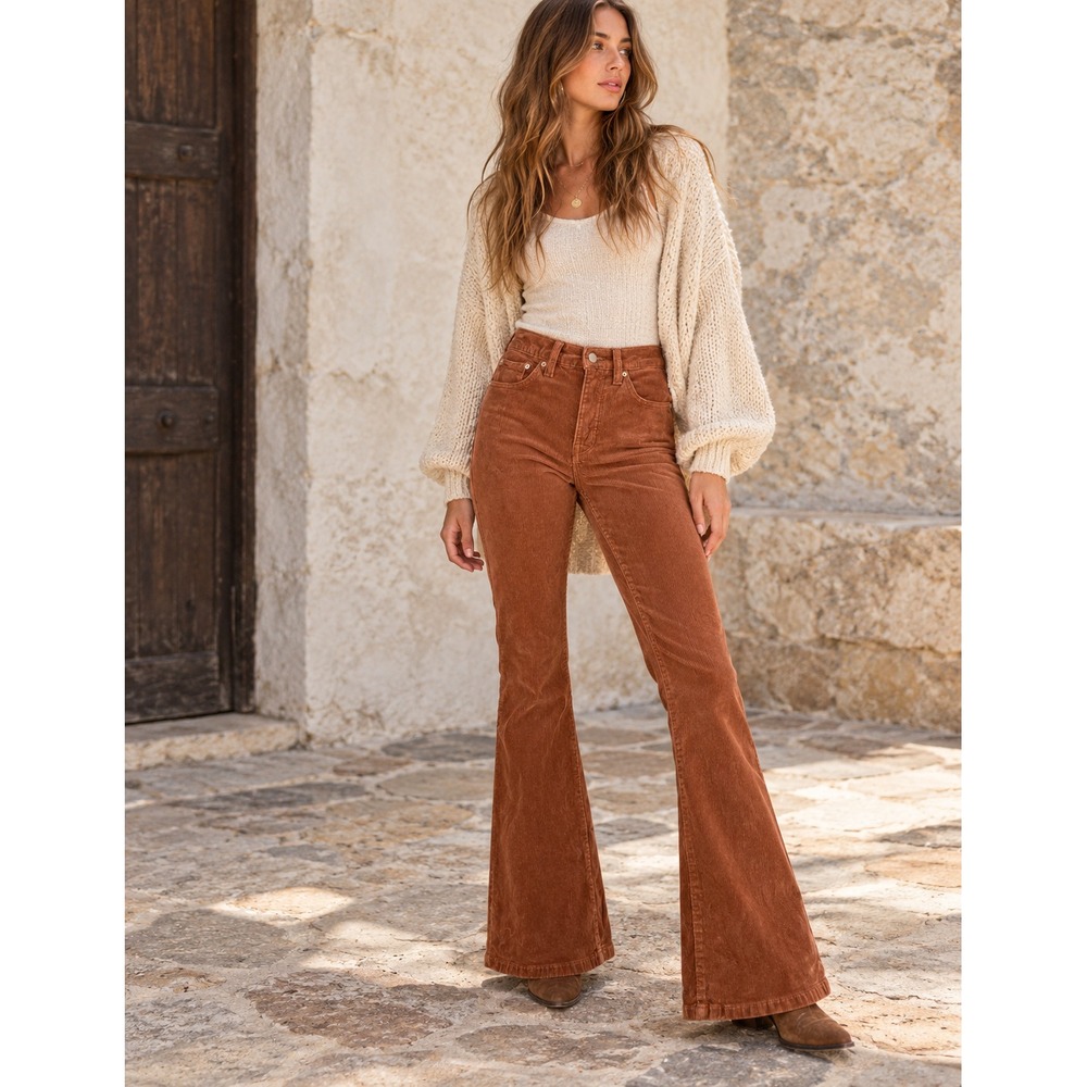 Lucky Brand Corduroy Pants Women Sz 2/26 (26x31) Rosewood Flare Festival Hippie